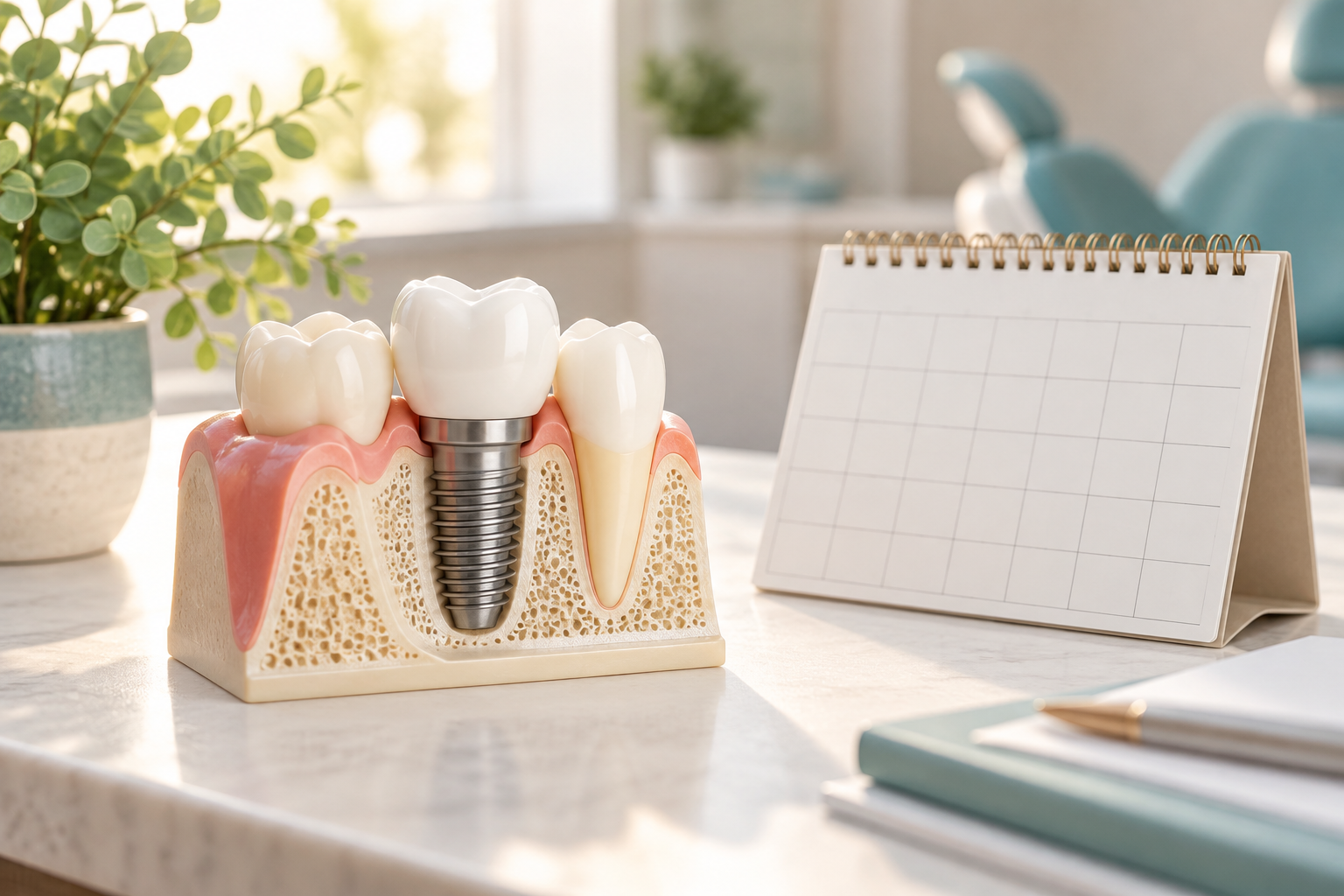 Dental implant model beside a calendar illustrating treatment planning and healing time.