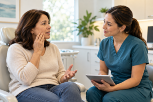 Illustrative scene of a patient discussing an oral health concern with a dental professional.