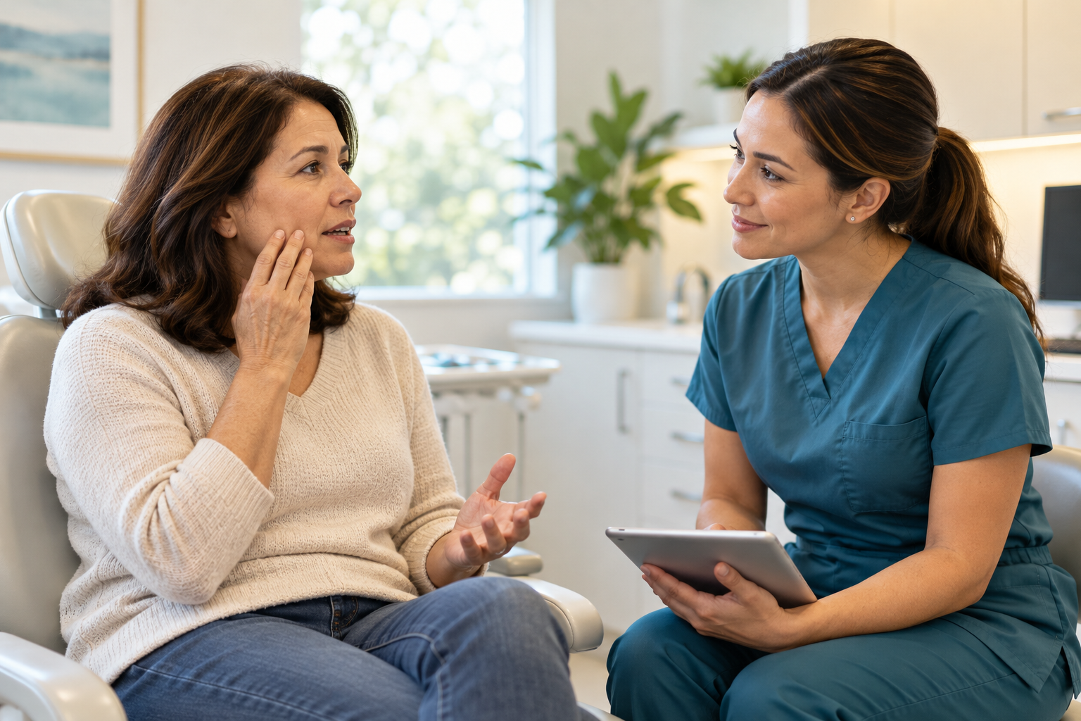 Illustrative scene of a patient discussing an oral health concern with a dental professional.